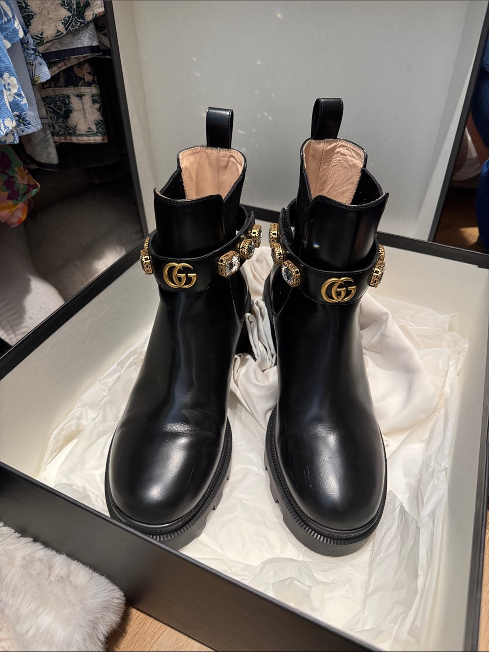 Gucci Black Leather Ankle Boots with Gold GG Hardware